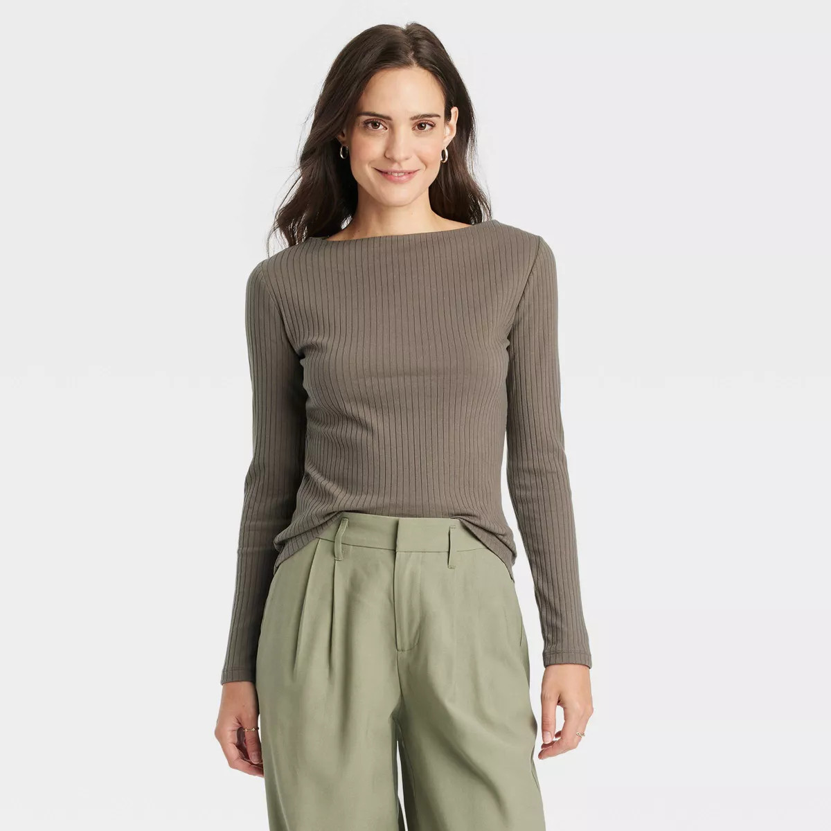 Women's Slim Fit Long Sleeve Ribbed Boat Neck T-Shirt - A New Day™ Cream M | Target