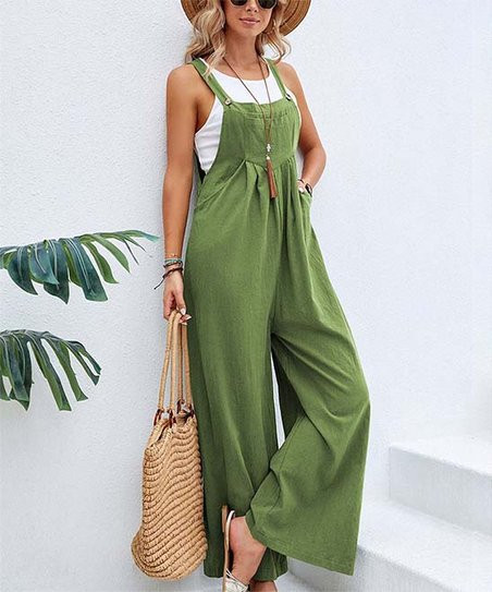 IZURIA Green Button-Strap Wide-Leg Sleeveless Jumpsuit - Women & Plus | Zulily