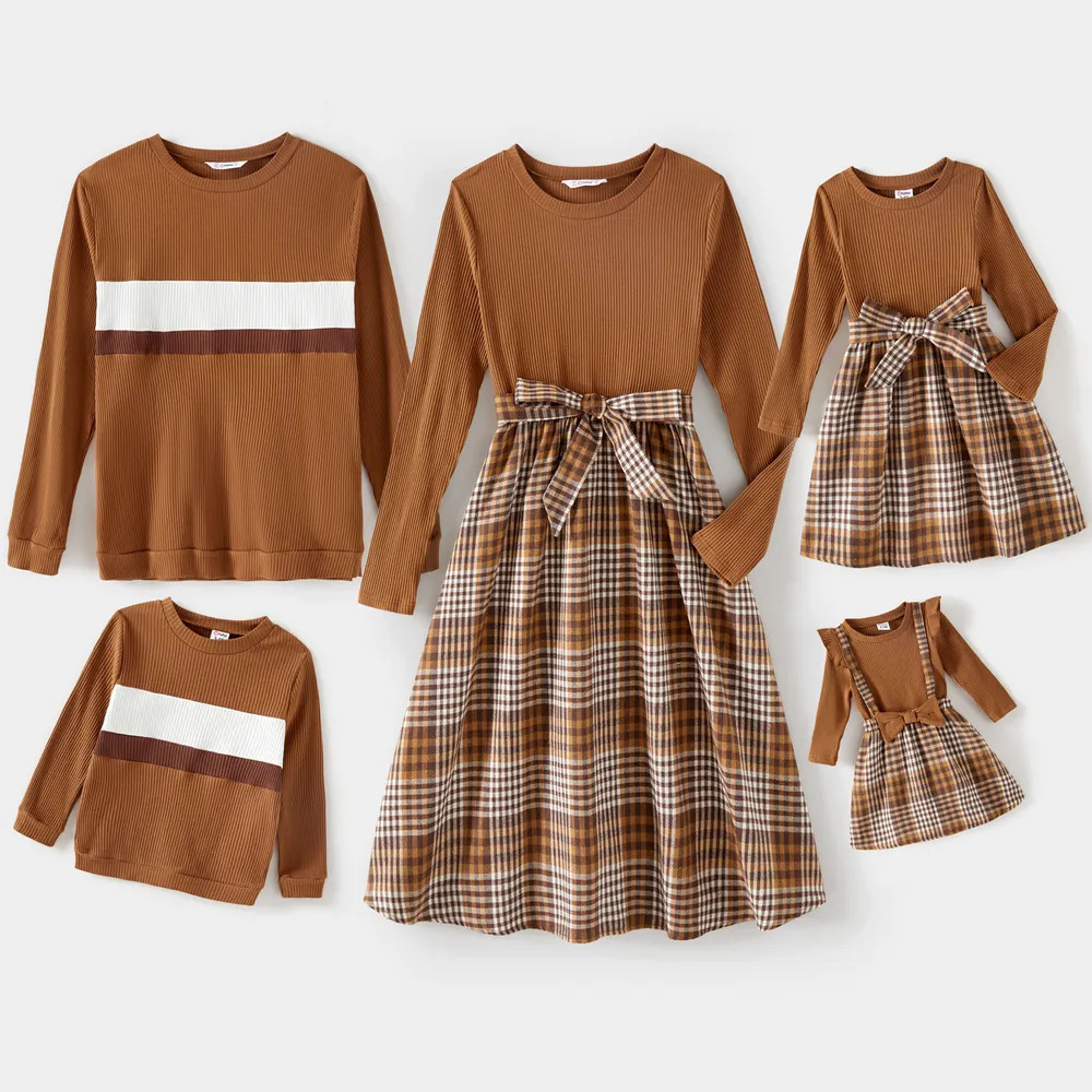 Family Matching Coffee Ribbed Spliced Plaid Belted Dresses and Long-sleeve Colorblock Tops Set | PatPat