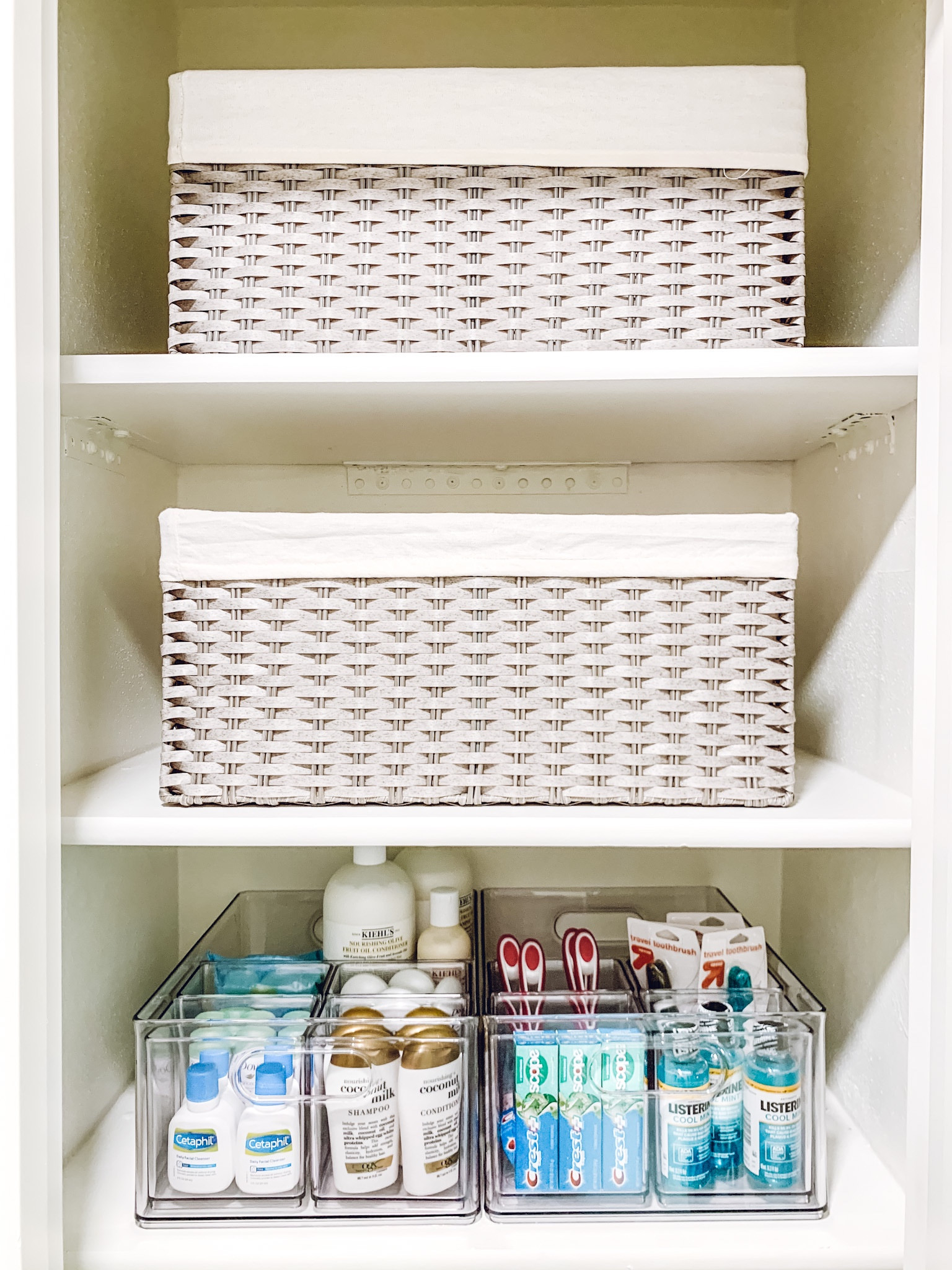 Linen closet organization. Home Edit Tall Bin Organizer and Divided All-Purpose Bin. The Container Store Montauk Bin. Amazon Hello Clean Mint Mouthwash✨

#LTKtravel #LTKhome #LTKfamily