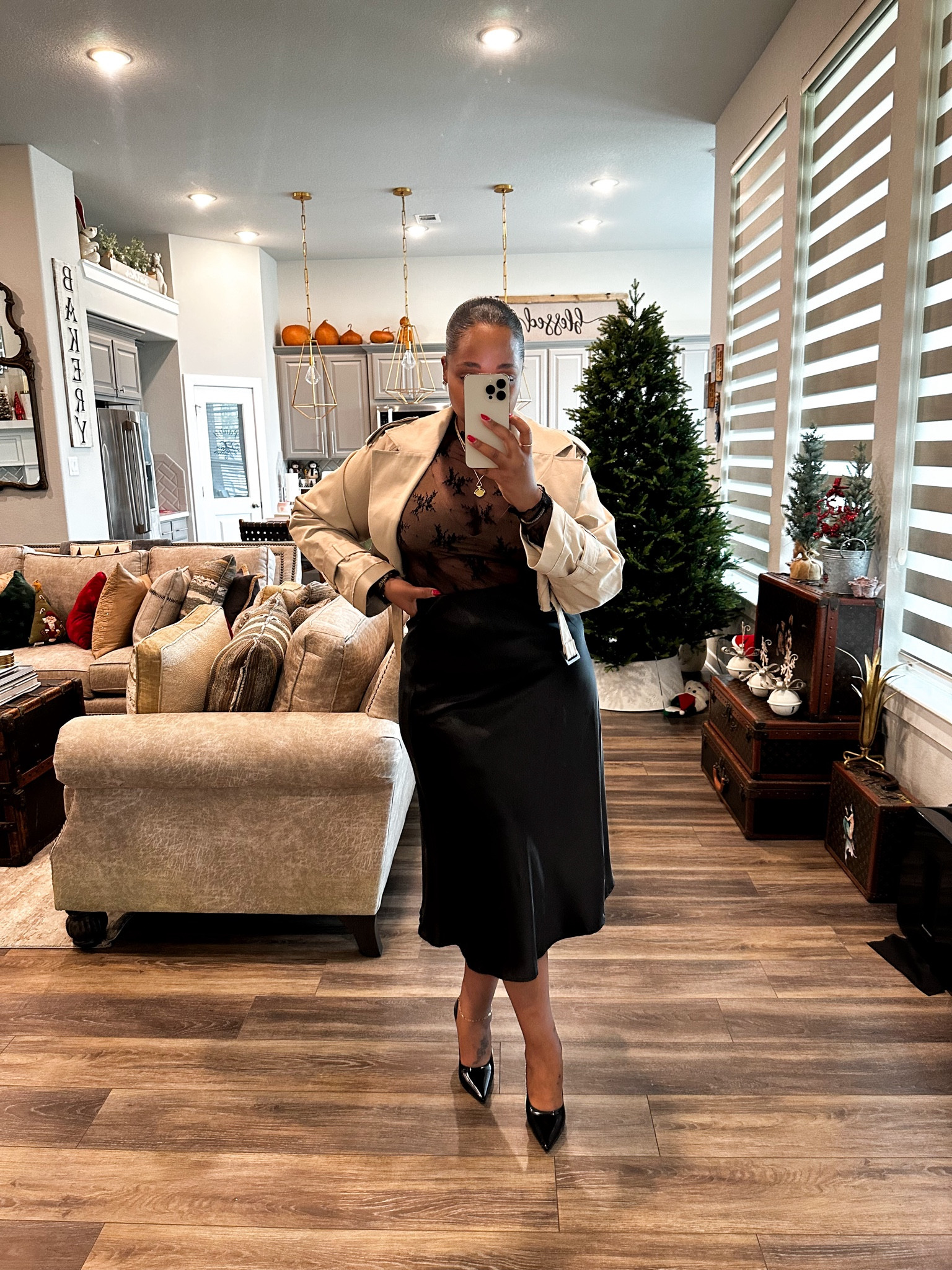 Lace top-  size medium
Skirt -  size medium 
Cropped coat -  size medium 

Fall outfit - fall fashion - winter style - winter fashion - Christmas outfit - Christmas look - holiday outfit - Christmas party - holiday party - satin skirt - midi skirt - lace top - cropped trench - trench coat - 

#LTKfindsunder50 #LTKHoliday #LTKstyletip