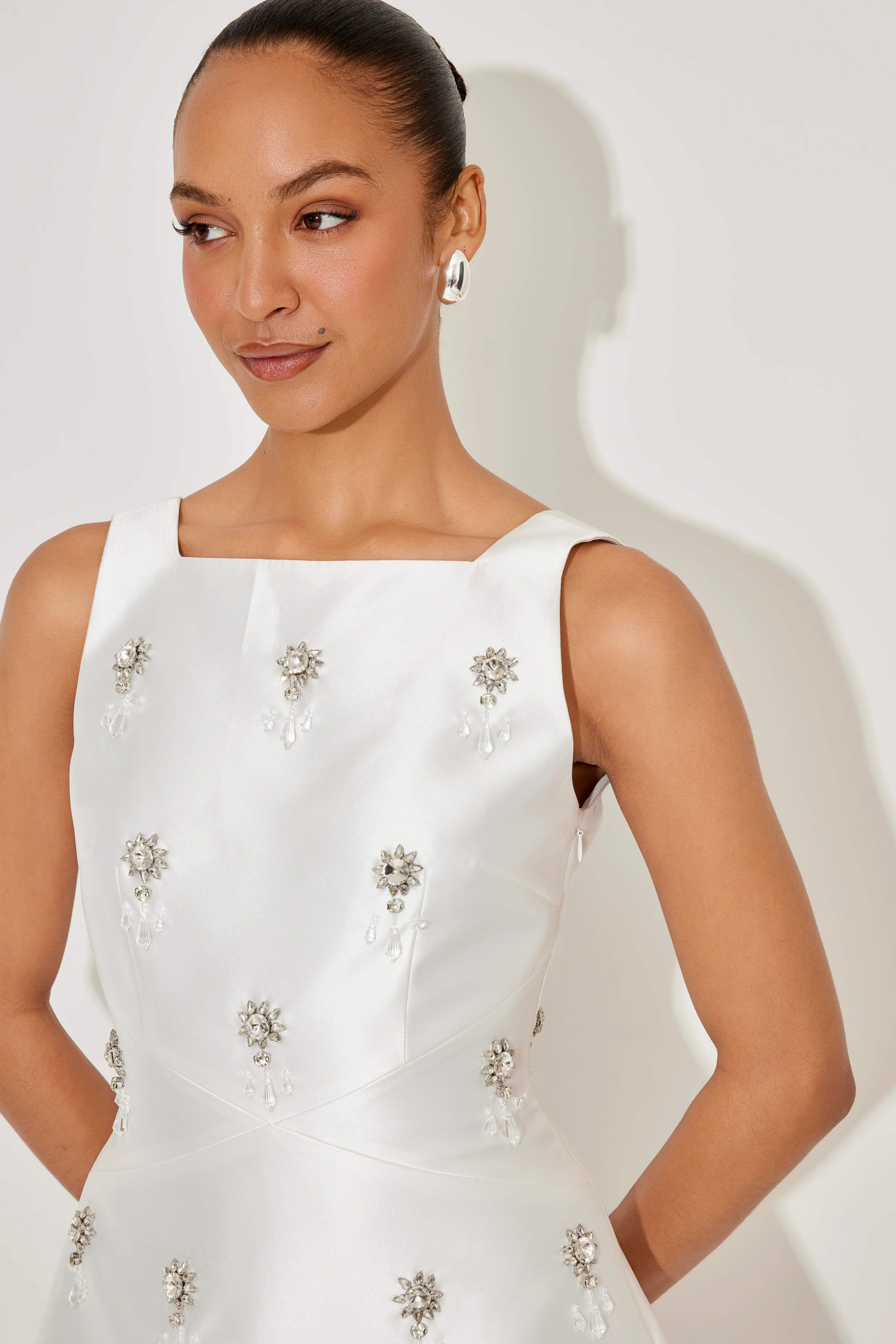 V-Back Satin Crystal Mini Dress | Odd Muse
