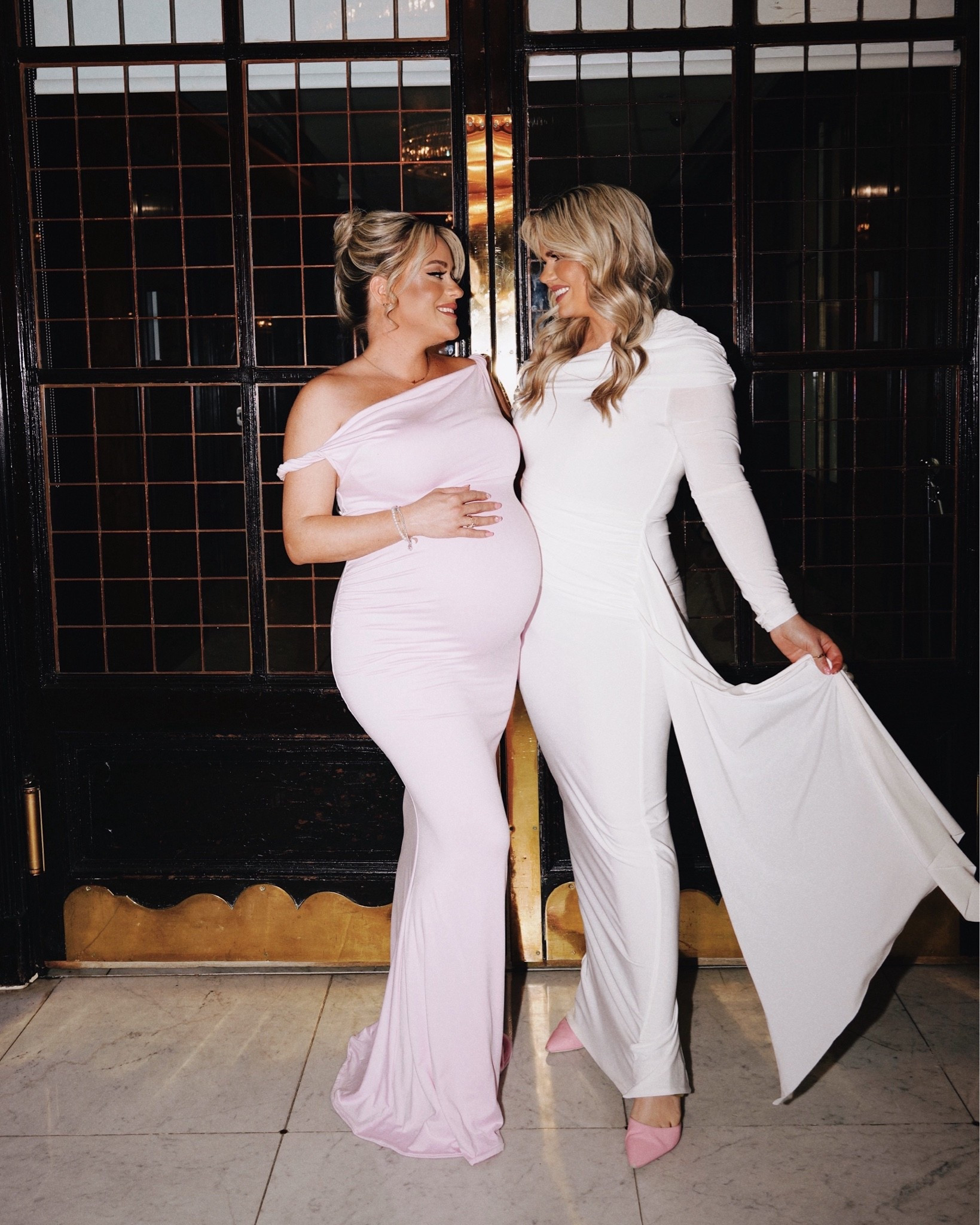 Maternity dress in pink and white dress with drape from Club L London

#LTKuk #LTKmaternity #LTKwedding