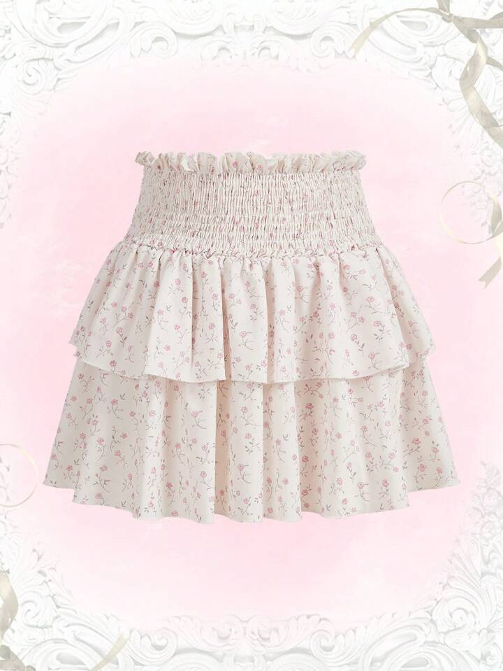 ROMWE Kawaii Ditsy Floral Print Paperbag Waist Two Layer Hem Skirt | SHEIN