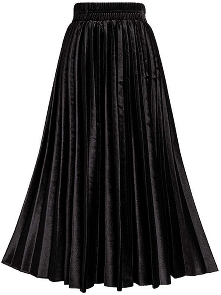 TONCHENGSD Women's High Elastic Waist Velvet Midi Long Pleated Swing Ruffled Skirt | Amazon (US)