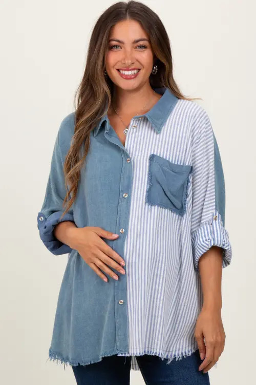 PinkBlush Colorblock Stripe Oversized Button Down in Blue at Nordstrom, Size Medium | Nordstrom