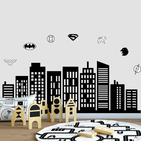 Superhero Mural Wall Art. Superhero Skyline.  Boys Wall Sticker Marvel Avengers. City Wall Decal ... | Etsy (US)