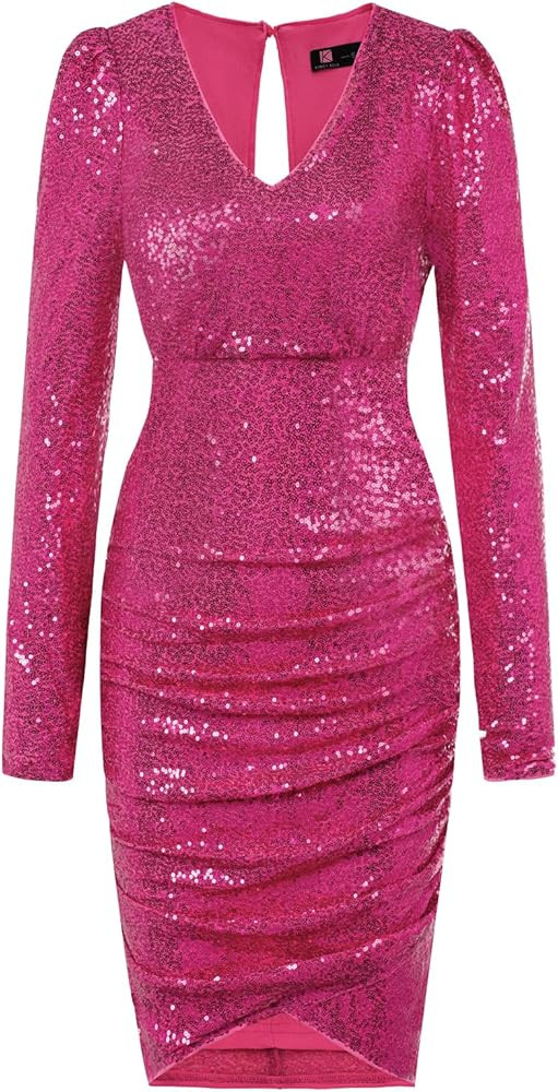 KANCY KOLE Women Sequin Party Dress V Neck Puff Long Sleeve Ruched Bodycon Glitter Dress for Wome... | Amazon (US)