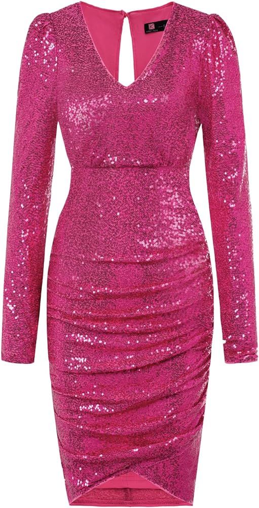 KANCY KOLE Women Sequin Party Dress V Neck Puff Long Sleeve Ruched Bodycon Glitter Dress for Wome... | Amazon (US)