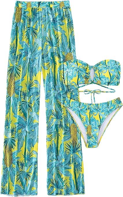 Verdusa Women's 3 Pieces Swimsuits Criss Cross Tie Self Tropical Print Bandeau Bikini Swimwears | Amazon (US)