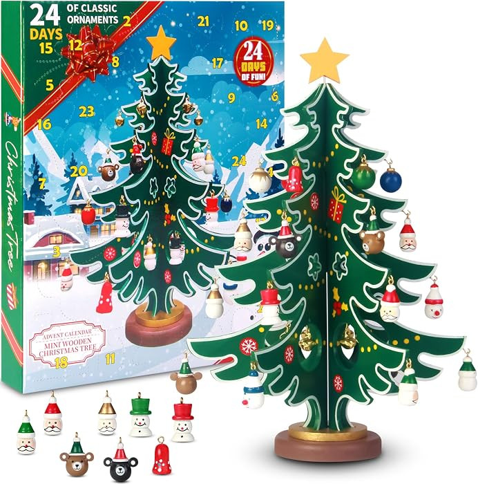 Christmas Advent Calendar with a Tabletop Wooden Christmas Tree and 30 Christmas Ornaments, 24 Da... | Amazon (US)