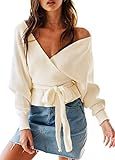 ZESICA Women's Wrap V Neck Long Batwing Sleeve Belted Waist Ruffle Knitted Sweater Pullover Top | Amazon (US)