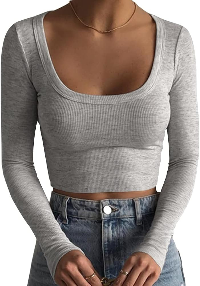 Artfish Women's Square Neck Long Sleeve Ribbed Slim Fitted Casual Basic Crop Top | Amazon (US)