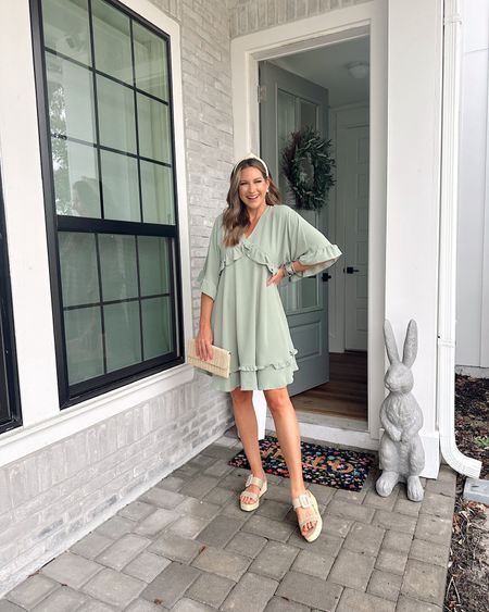 In a small v neck ruffle dress, straw clutch, straw headband, platform sandals and accessories for spring/easter - all fits TTS.

#LTKSeasonal #LTKstyletip #LTKfindsunder50