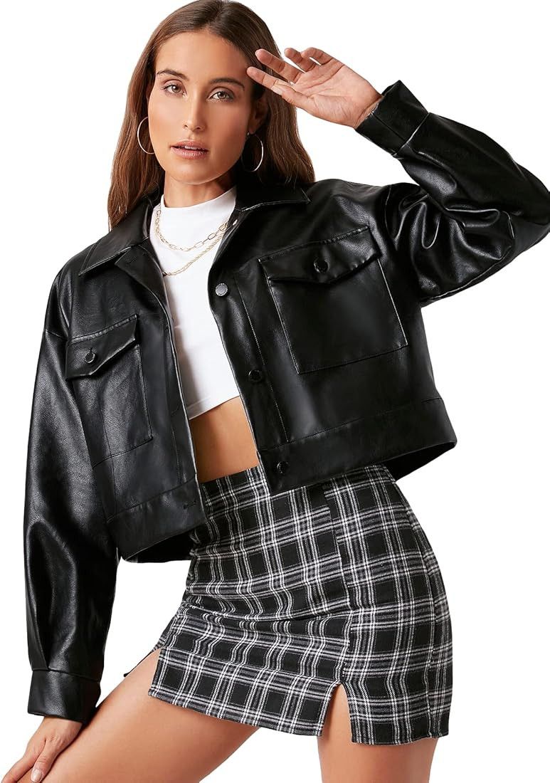 MakeMeChic Women's Faux PU Leather Jacket Long Sleeve Button Down Cropped Outerwear Coat | Amazon (US)