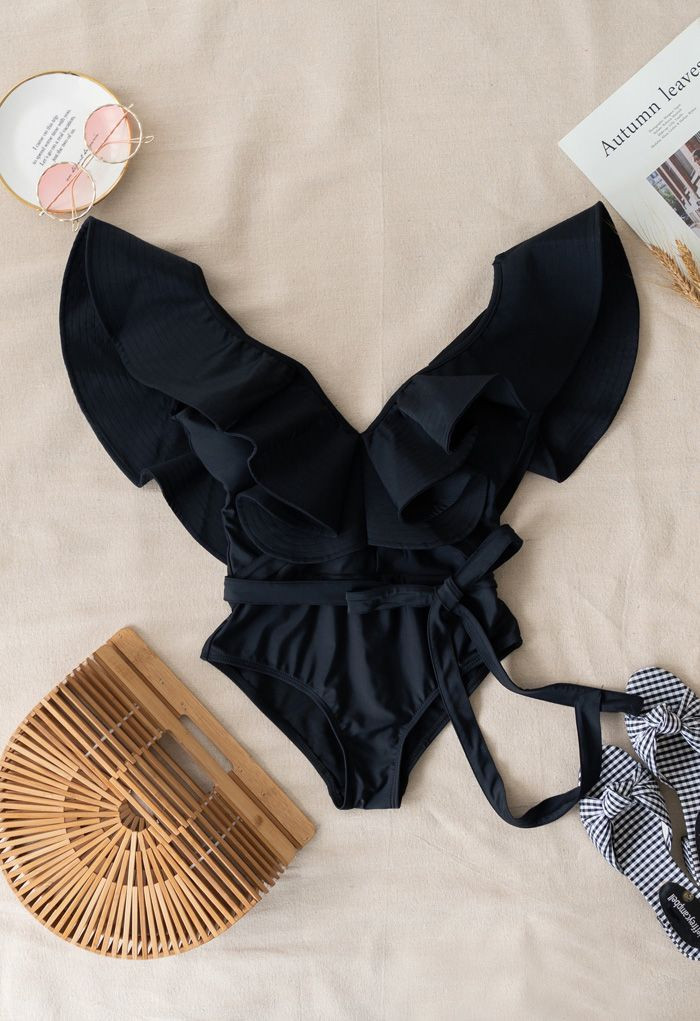 Plunging V-Neck Ruffle One-Piece Swimsuit in Black | Chicwish