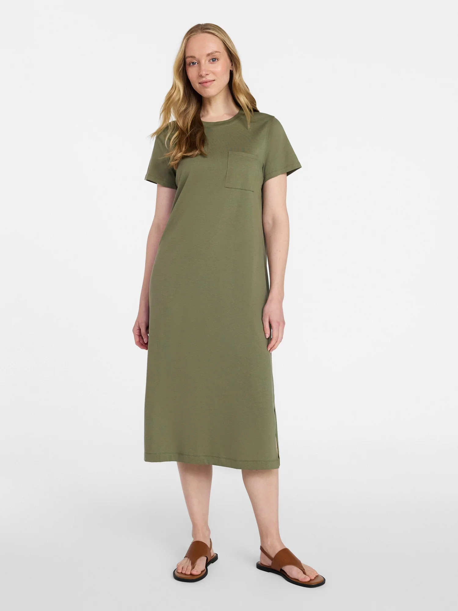Time and Tru Women's Cotton Midi T-Shirt Dress with Short Sleeves, Sizes XS-XXXL | Walmart (US)