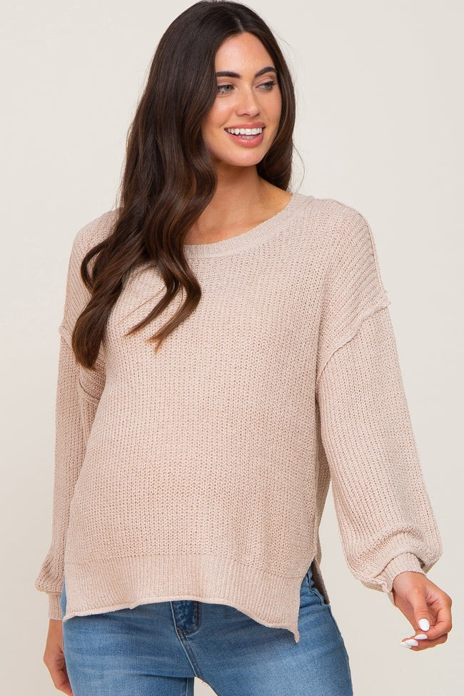 Beige Basic Side Slit Maternity Sweater | PinkBlush Maternity