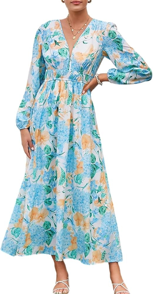Sissyaki Women's Long Sleeve Boho Floral Maxi Dress Smocked Beach Flowy Dress | Amazon (US)