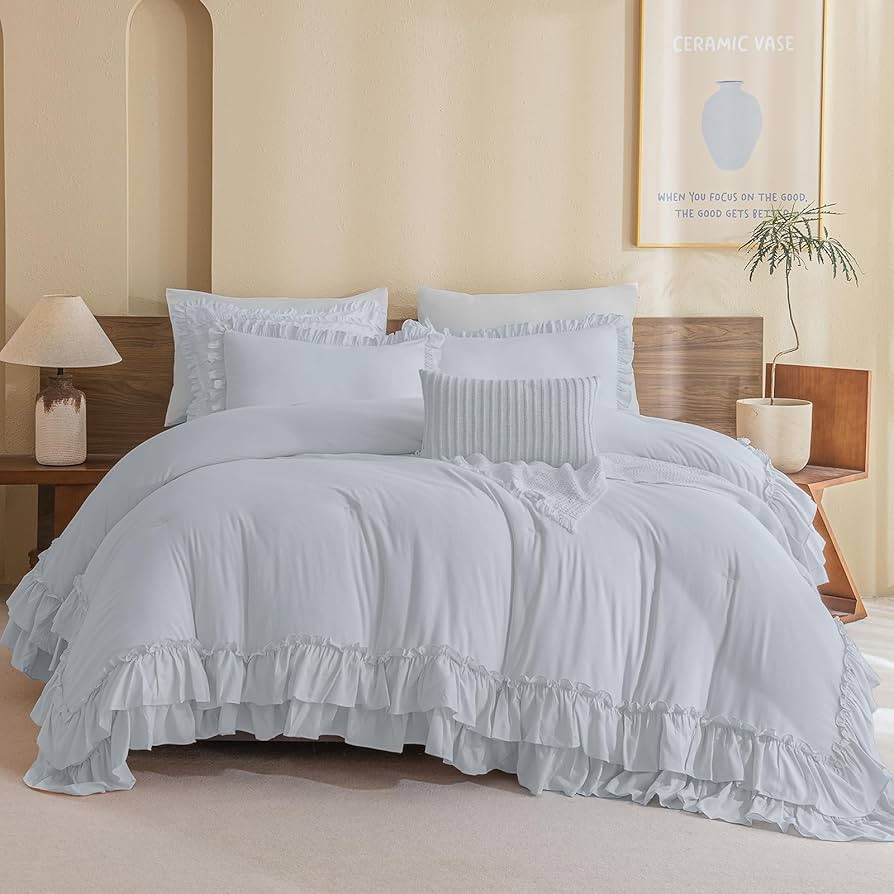 Masaca Ruffled Comforter Set for Queen Bed,3 Pieces Vintage Farmhouse Shabby Bedding Set Lightwei... | Amazon (US)