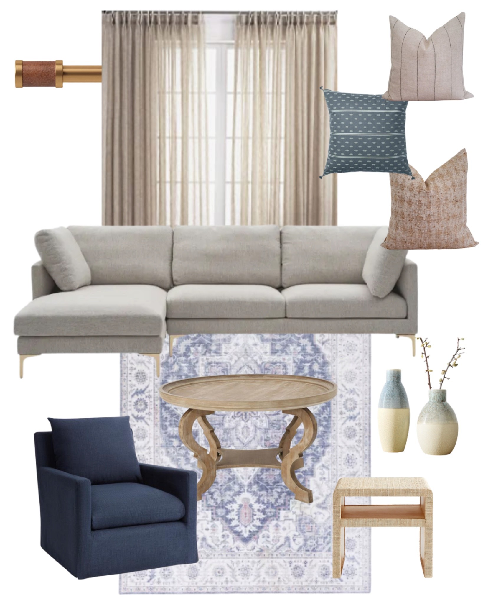 California casual living room // pinch pleat curtains // vintage rug // beige // blue // Castlery sofa // brass // light wood // pattern pillows // seagrass// slip covered armchair

#LTKhome