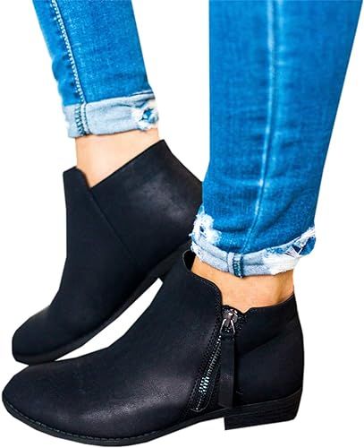 Mafulus Womens Ankle Boots Round Toe Faux Leather Stacked Low Heel Side Zipper Winter Booties | Amazon (US)