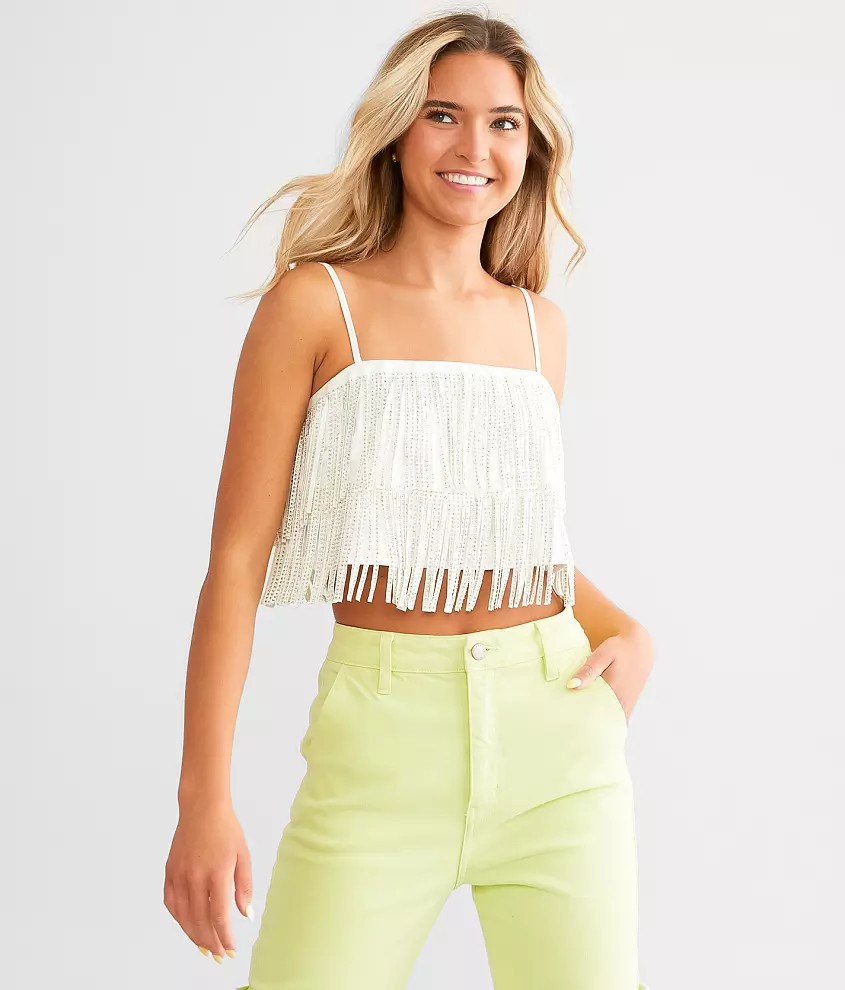 Blue B Tiered Rhinestone Fringe Cropped Tank Top | Buckle