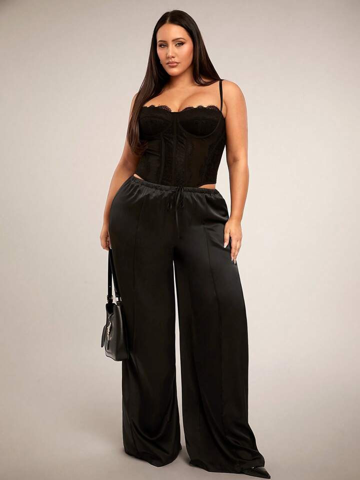 SHEIN BAE Plus Size Women Black High Street Casual Satin/Shiny High Waist Wide Leg Trouser Pants,... | SHEIN