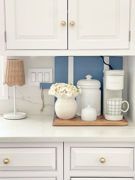 Blue and white kitchen coffee bar inspiration set up! Love this scalloped usb table lamp for under $60 😍🙌🏻 and I bought 6 of these $5 blue gingham mugs! They’re my new go to favorite!! 

#LTKfindsunder50 #LTKhome #LTKsalealert