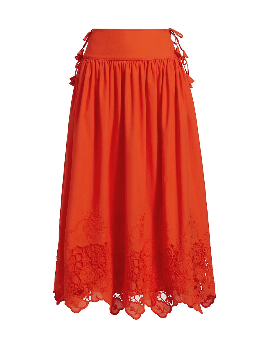 Women's Nathalie Lace-Trim Cotton Midi-Skirt - Tangerine Tango Embroidery - Size 2 | Saks Fifth Avenue