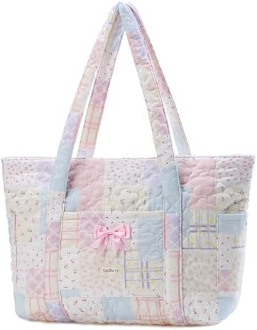Quilted Tote Bag for Women, Quilted Floral Tote Bags with Zipper, Cute Bow Cotton Patchwork Shoul... | Amazon (US)