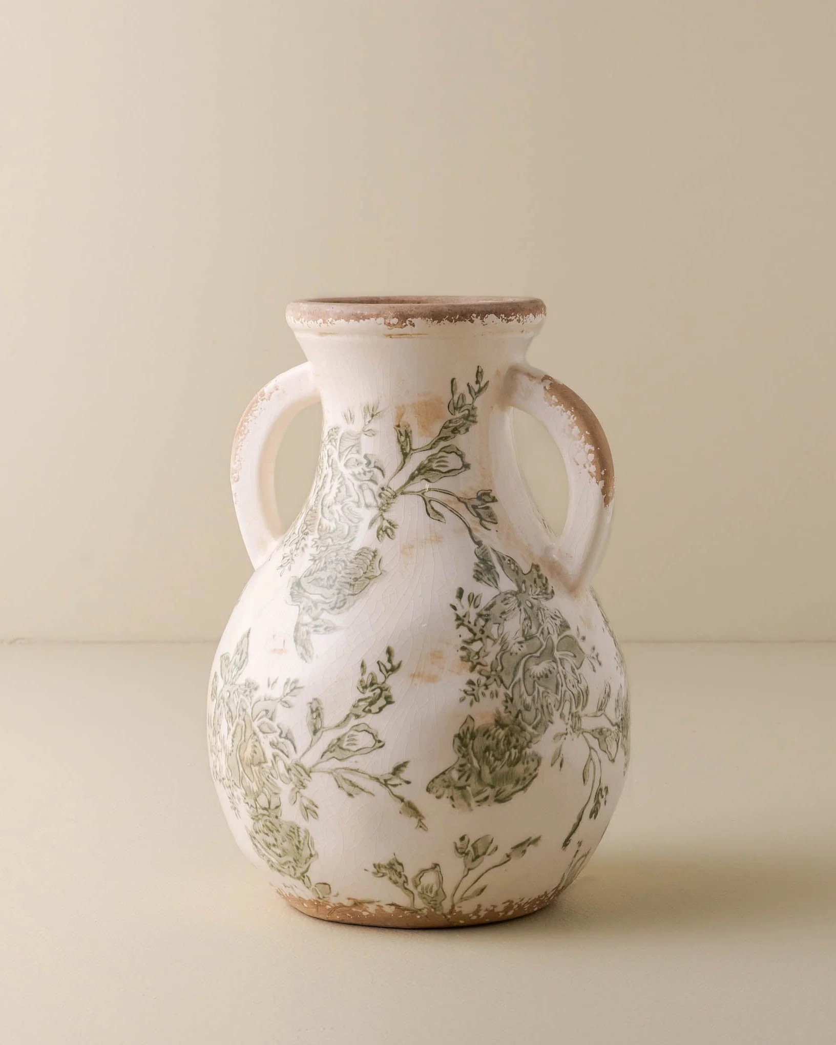 Green and White Distressed Vase with Handle | Magnolia