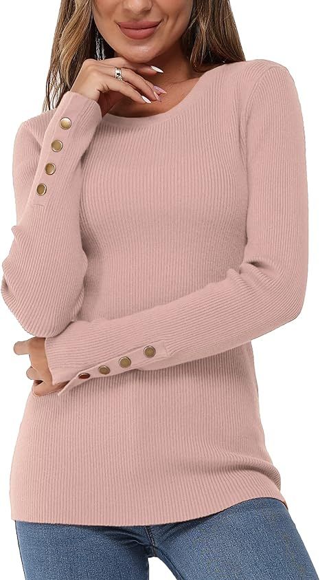 OUGES Womens Lightweight Long Sleeve Crewneck Knitted Pullover Sweater | Amazon (US)