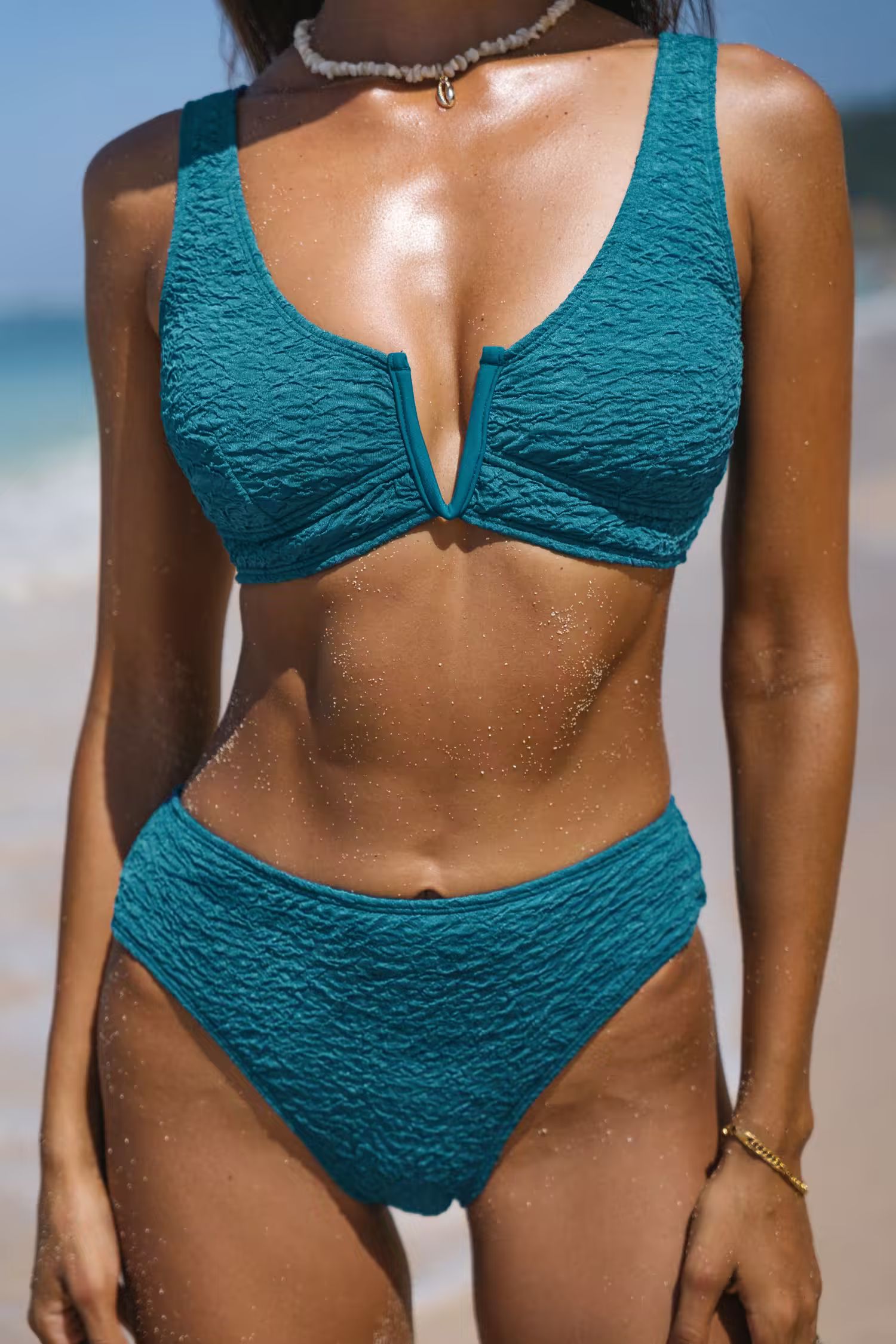 Sea Blue Textured V-Wire Top & Hipster Bikini Set | Cupshe US