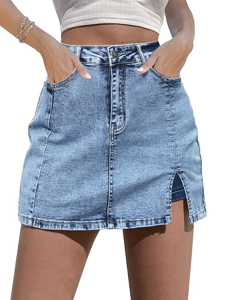 luvamia Skorts Skirts for Women Denim Mini Skirt Side Slit with High Waisted Jean Shorts Stretchy | Amazon (US)