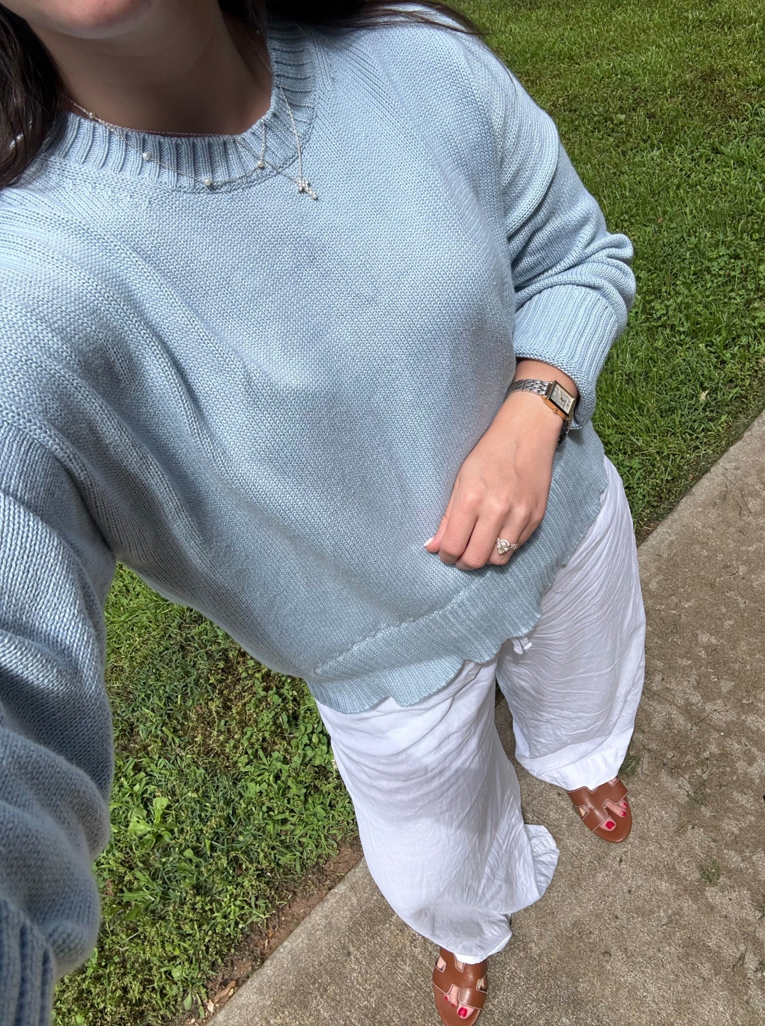 What to wear in Nantucket
New England summer
Vacation outfit idea 

Nantucket casual day outfit 
Light blue crewneck sweater 
White linen pants 
Brown leather sandals 

#LTKSeasonal #LTKTravel