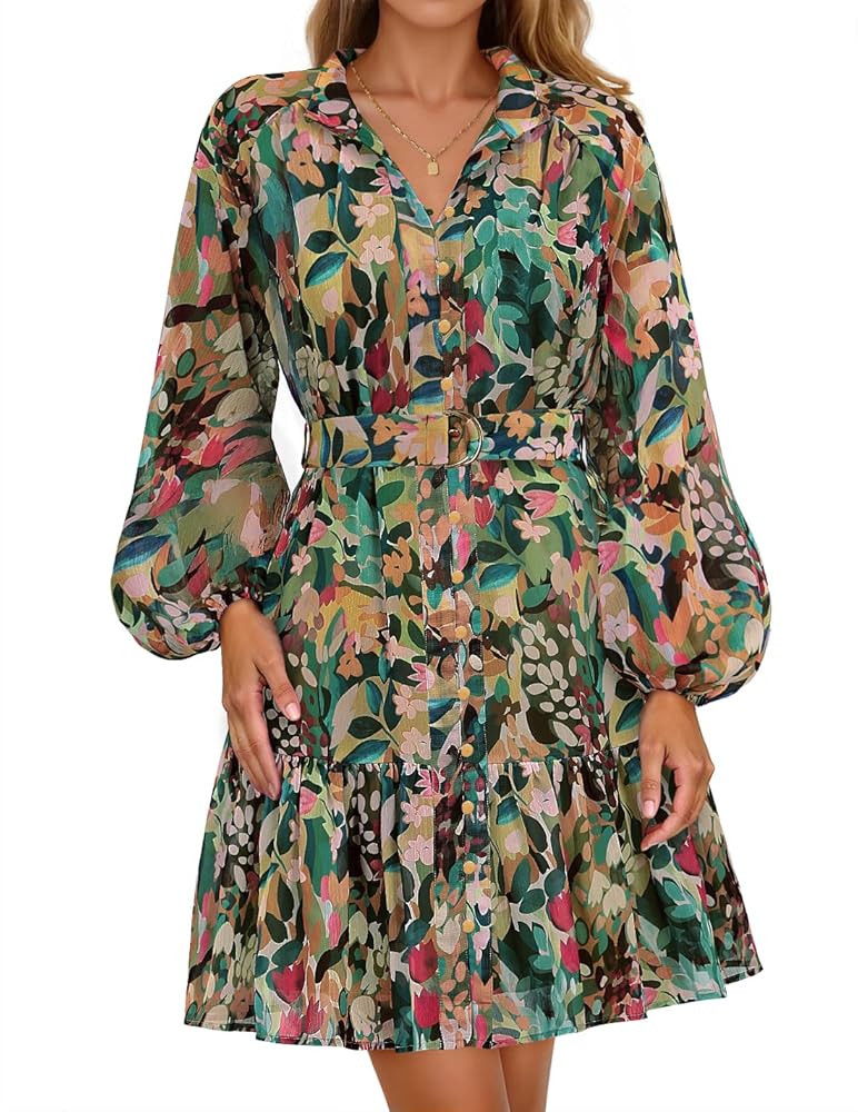 ZESICA Womens Fall Floral Mini Dress 2025 Long Sleeve Button Down Chiffon A Line Flowy Short Shir... | Amazon (US)