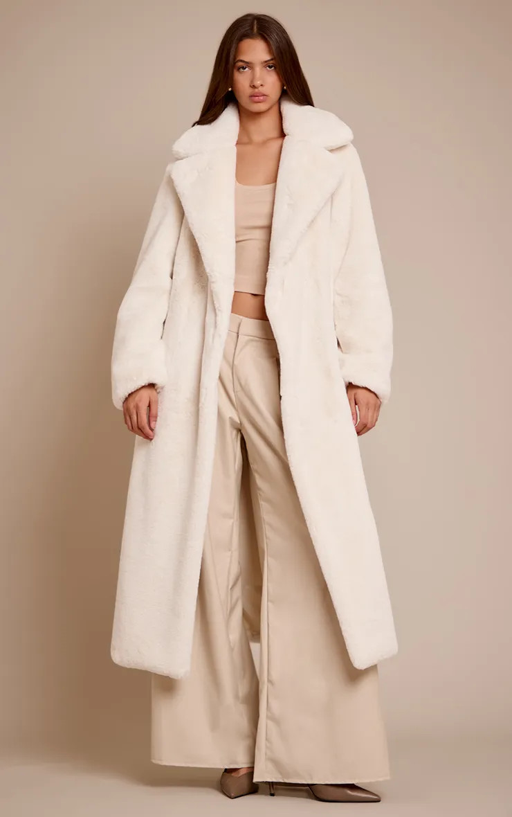 Cream Faux Fur Tie Waist Maxi Coat | PrettyLittleThing | PrettyLittleThing UK