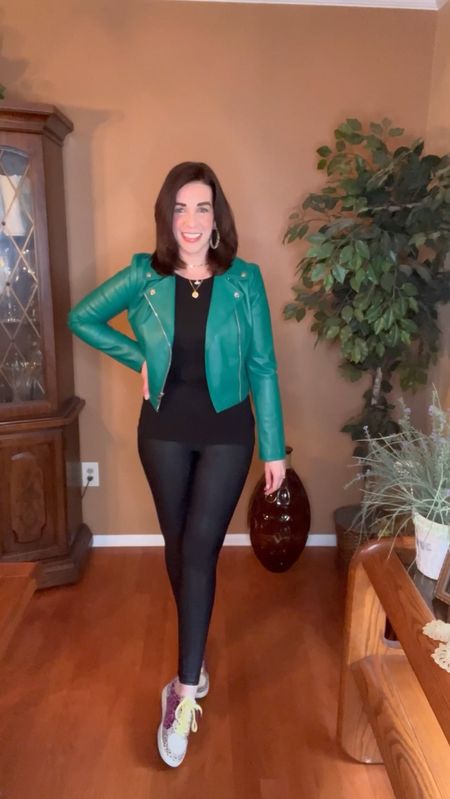Green faux leather moto jacket (size small). Black long sleeve top (size small). Spanx faux leather leggings (size small). Sneakers (size 8.5). #springoutfit #motojacket #jacket #greenjacket #fauxleatherjacket #top #blacktop #longsleevetop #leggings #blackleggings #fauxleatherleggings #sneakers 
Spring Outfit 

#LTKfindsunder100 #LTKstyletip #LTKSeasonal