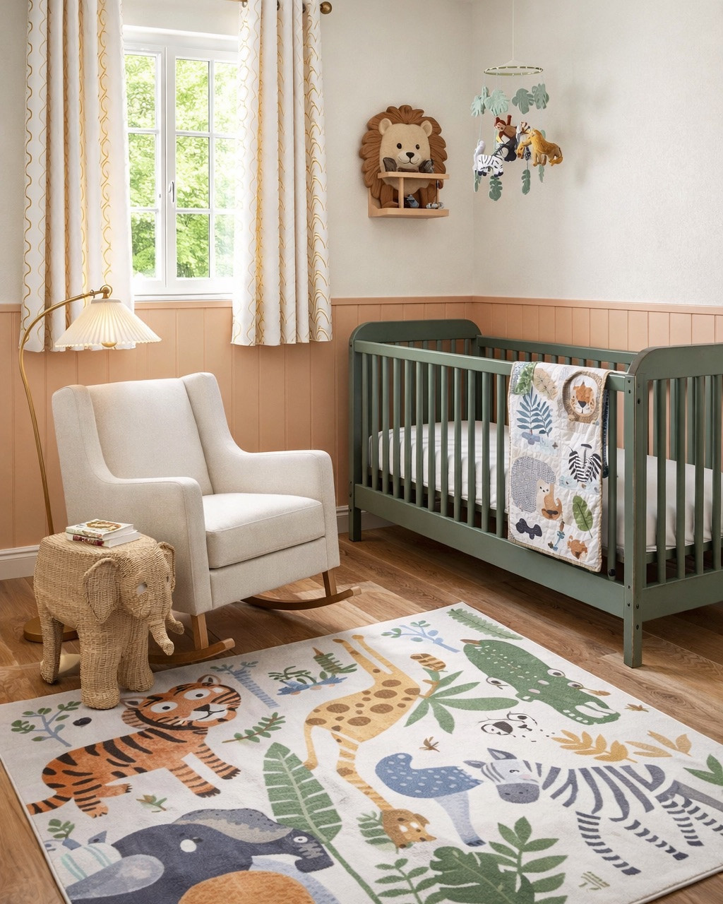 Jungle-inspired nursery design. Green affordable crib, jungle rug and decor, white rocker, cute rattan table, jungle mobile. #homedecor #nurserydesign

#LTKBump #LTKBaby #LTKHome