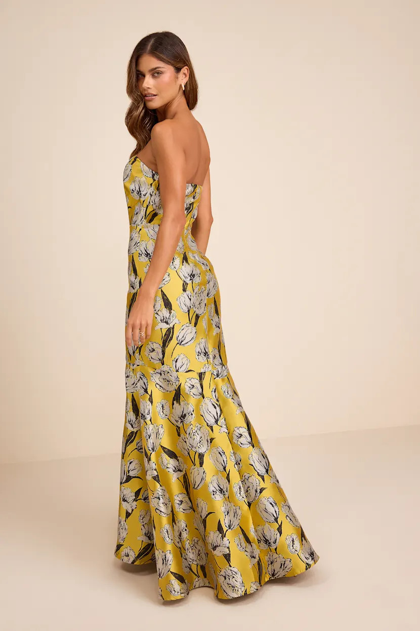 Gowning Around Yellow Floral Jacquard Strapless Maxi Dress | Lulus