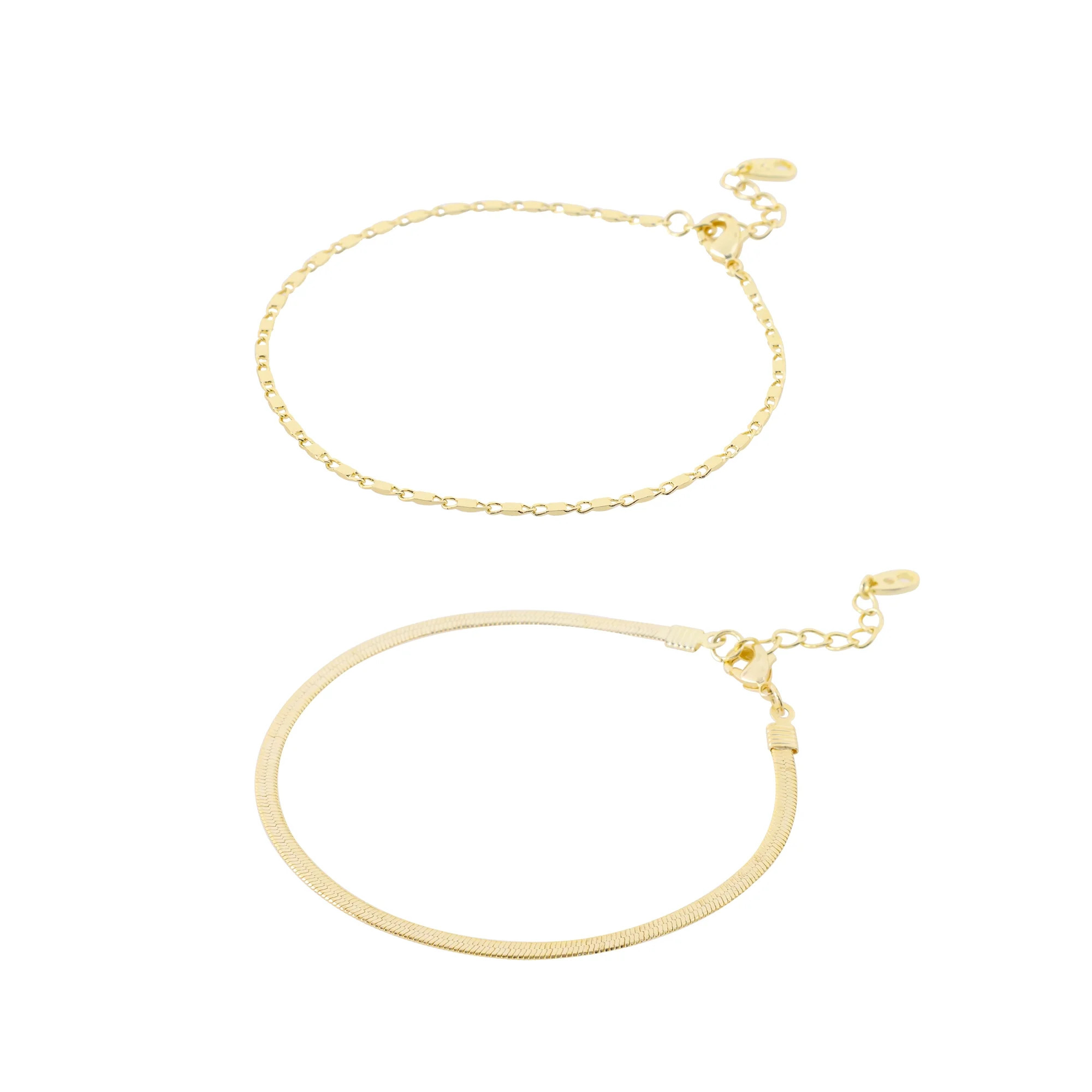Free Assembly Women's 14K Gold Plated Herringbone Layered Bracelet Set, 2-Piece | Walmart (US)