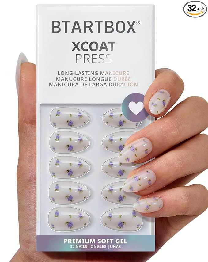 BTArtbox Press On Nails Short - Pathside Lilac, Lamp-Curable 4-Week Wear Flower White Almond Pres... | Amazon (US)