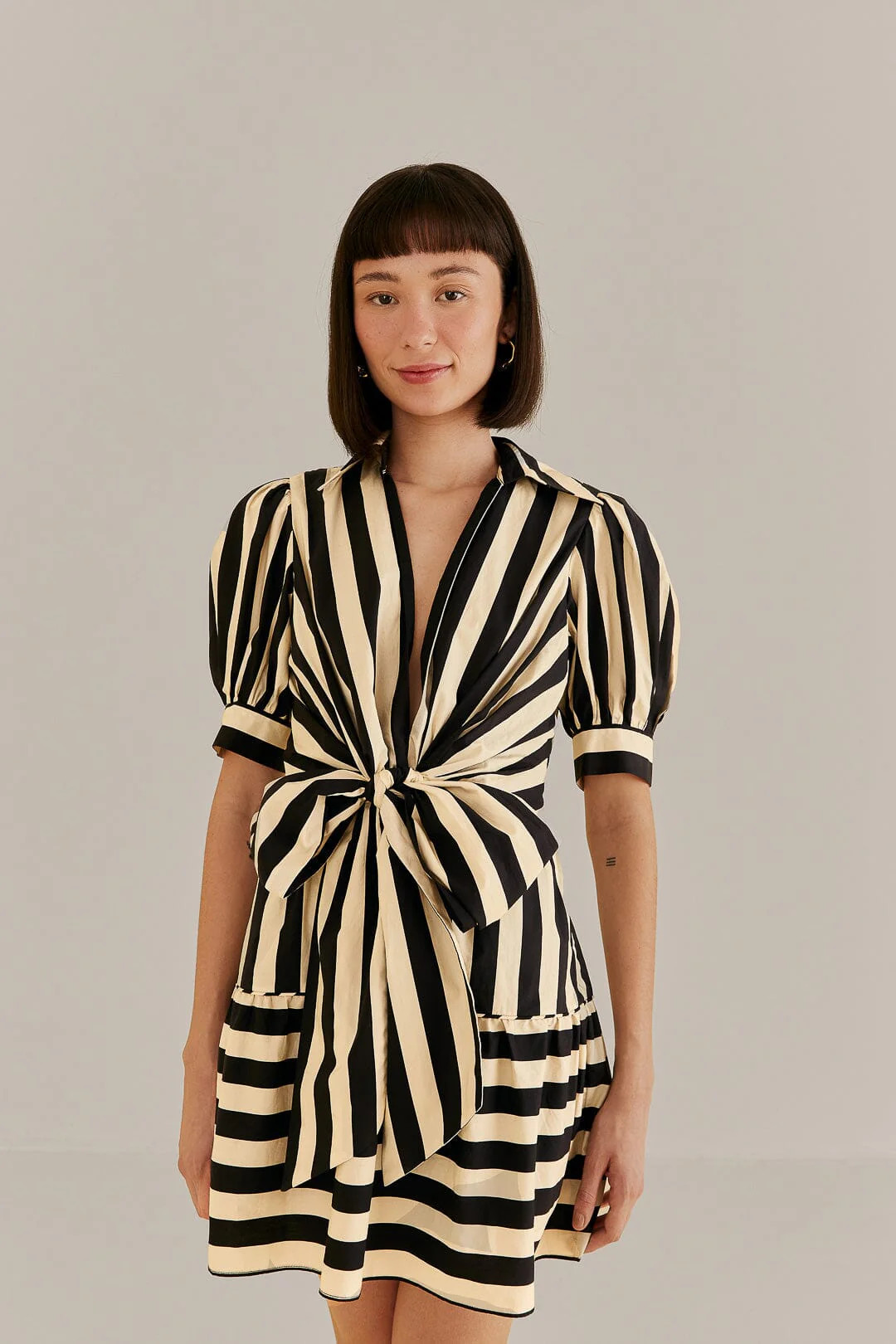 Black Mixed Stripes Short Sleeve Mini Dress | FarmRio (US)