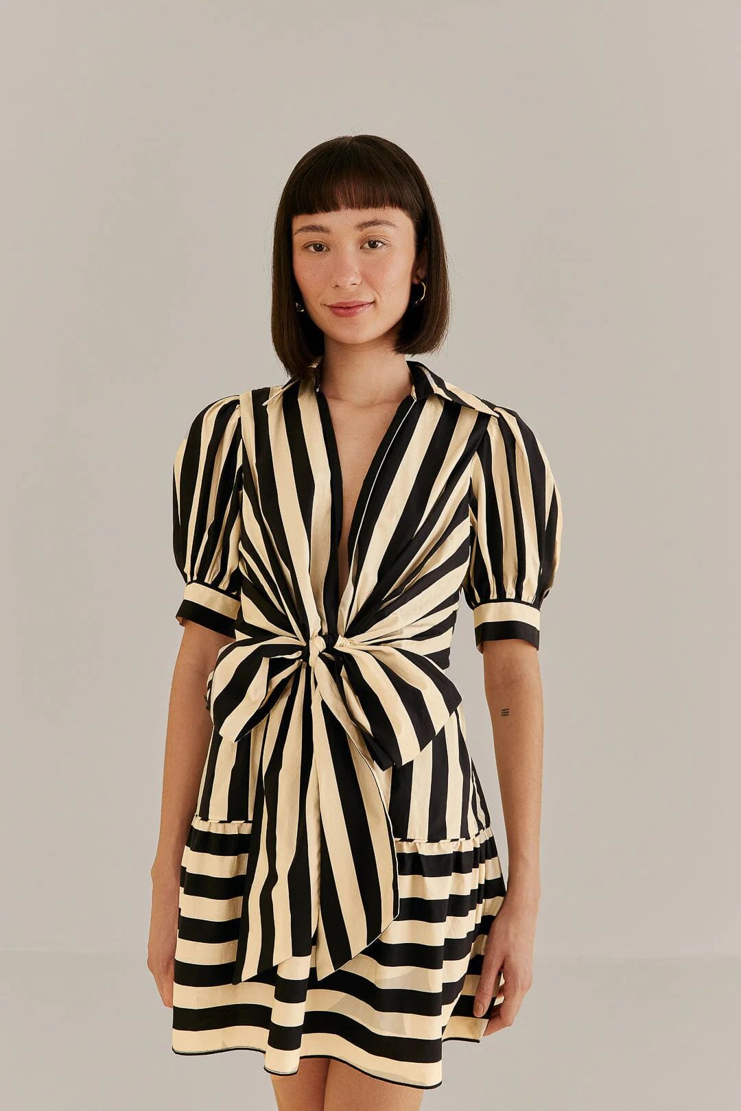 Black Mixed Stripes Short Sleeve Mini Dress | FarmRio