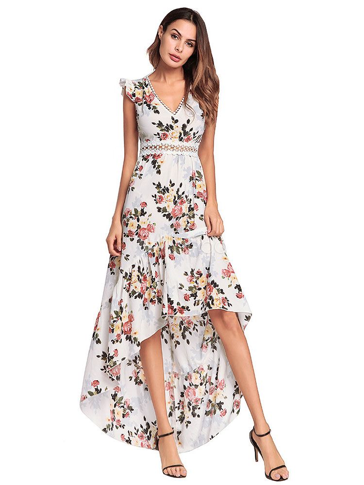 Floral Maxi Dress Women White Long Dress V Neck Ruffles Lace Backless High Low Summer Dress | Milanoo