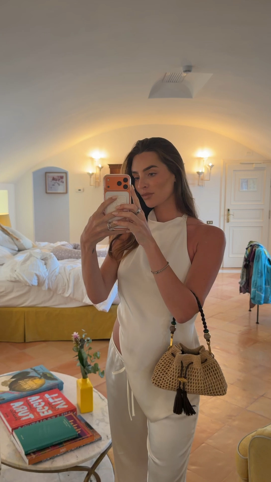 All white vacation look, Zara satin matching set, Jimmy Choo cinch bag