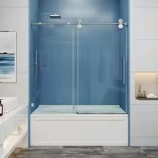60 in. W x 66 in. H Single Sliding Frameless Tub Door in Chrome with Smooth Sliding and 3/8 in. (... | The Home Depot
