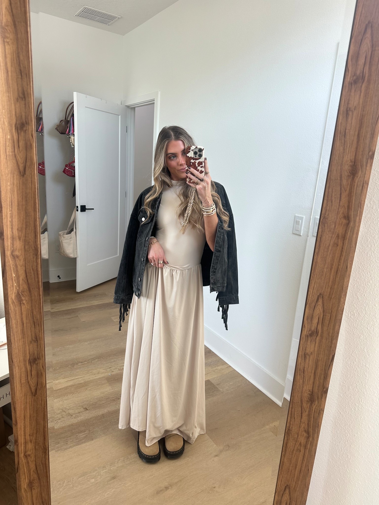 My outfit! My dress size size XS amazon Verdusa Women Drop Waist Dress Sleeveless Maxi Dress Wedding Guest Formal Elegant. My denim jacket is size small Omoone Women's Oversized Denim Fringed Jacket Tassel Jean Jackets Cowgirl Western Country Concert Outfits 2025. My shoes are my new go to Dr. martens! 

#LTKShoeCrush #LTKStyleTip #LTKootd