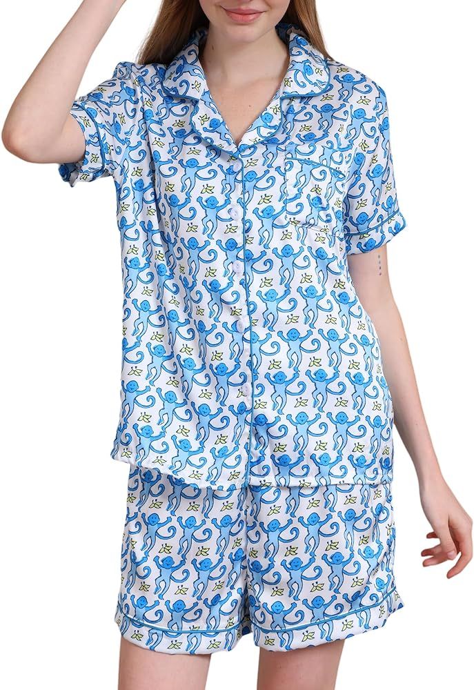 Women Y2k Pajamas Shorts Set, Ultra Soft Silk Satin Monkey Matching Pjs Roller Dupe Rabbit Preppy... | Amazon (US)